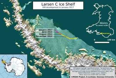 ICE SHELF IN DANGER In a report from earlier this month (January 2017), an enormous iceberg comprising more than 1,900 square miles (approximately 5,000 square kilometers) is on the verge of breaking