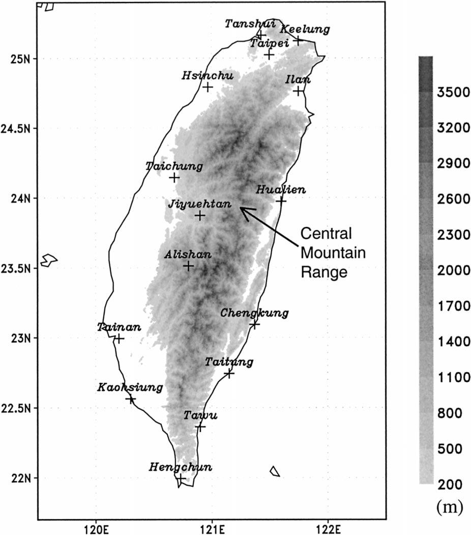1174 MONTHLY WEATHER REVIEW VOLUME 131 2. Data and analyses FIG. 1. Locations of the surface rainfall stations used and topography (m) over Taiwan. and Jeong 1996; Tao and Zhang 1998; Wang et al.