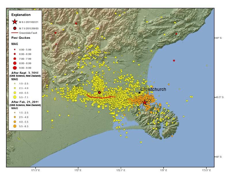 This earthquake (red star) plotted with it s aftershocks (orange dots), plotted with the September 2010 earthquake (red dot), occurred at