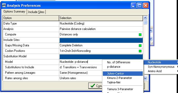 3, check R also; use Kimura 2 parameter option for computing d; change Substitutions to