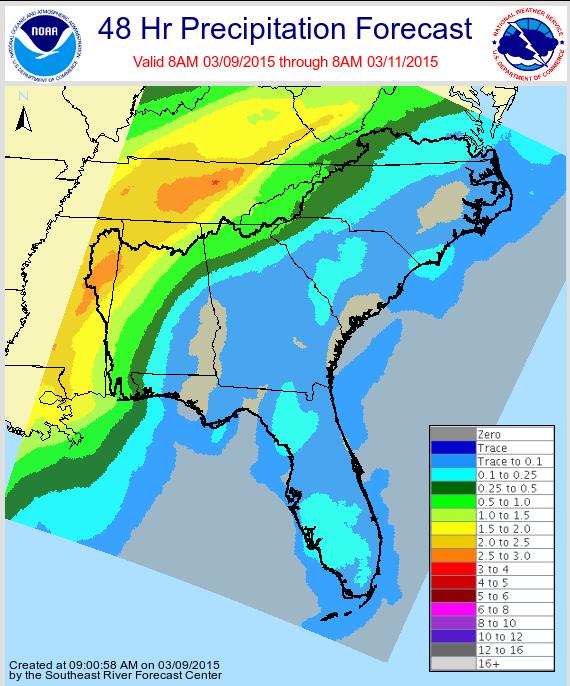 SE River Forecast Center 48 hour rainfall forecast Here is the SERFC 48 hour rainfall forecast. A reminder to everyone that this is the precipitation forecast that we include in our models.
