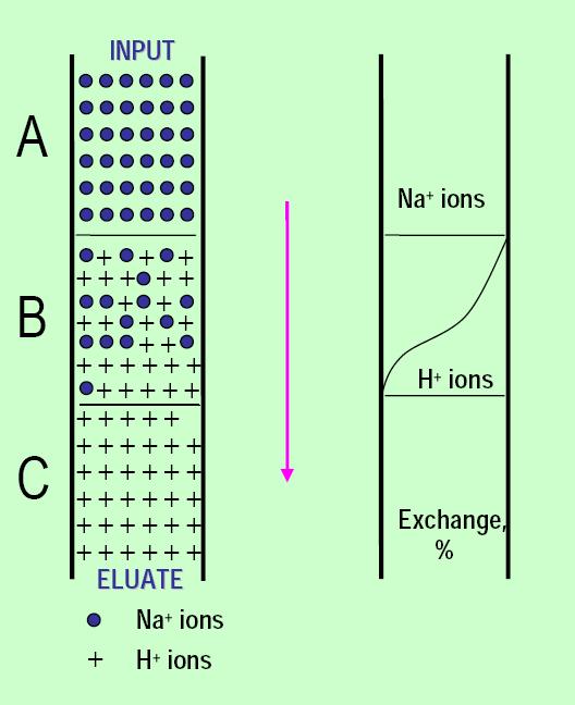 For example, if NaCl solution passes through the column filled with a cation exchanger whose H + protons can be substituted by Na + cations, three zones can be distinguished: post-exchange zone (A)