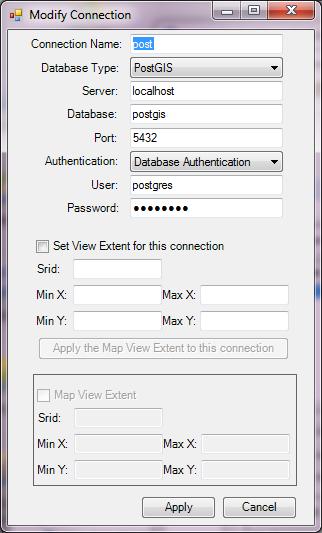 2) Select an existence connection from the connection list box, click the Modify button, the modify connection window will popup. 3) Enter values for the parameters.