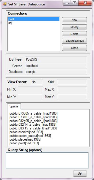 3) Select a connection in the connections list box. 4) Select a table or view in the Spatial Table list box and click Set button.