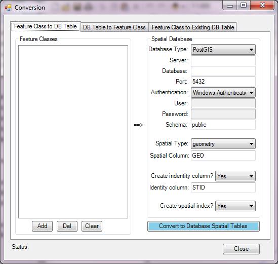 2) Select the Feature Class to DB table tab. 3) Click Add to add feature classes to the Feature Classes list box.