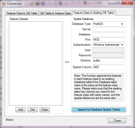 2) Select the Feature Class to Existing DB Table tab. 3) Click Add to add Feature Classes to the Feature Classes list box.