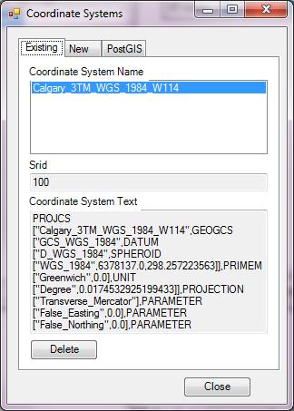 2. The Form has 3 tabs: Existing, New, and PostGIS. 3. The existing tab displays all the custom coordinate systems that you have created for ST-Links SpatialKit.