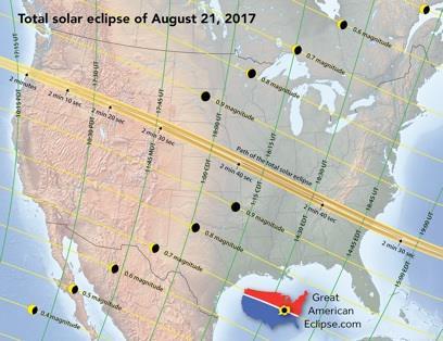 The August 21, 2017 eclipse sweeps across the United States from Oregon to South Carolina, allowing almost every person in the 48 states to reach totality