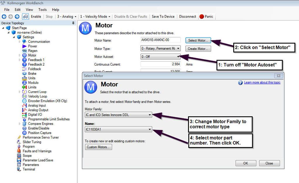 4. Select Motor from Pull Down List NOTE If the motor cannot be found in the database, Custom motors can be setup using