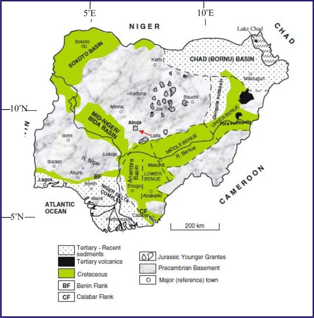 Omeje et al. 551 Figure 2. Geological Map of Nigeria, showing the position of Abuja (red arrow) in the Basement Complex of North central Nigeria (modified from Obaje, 2009).