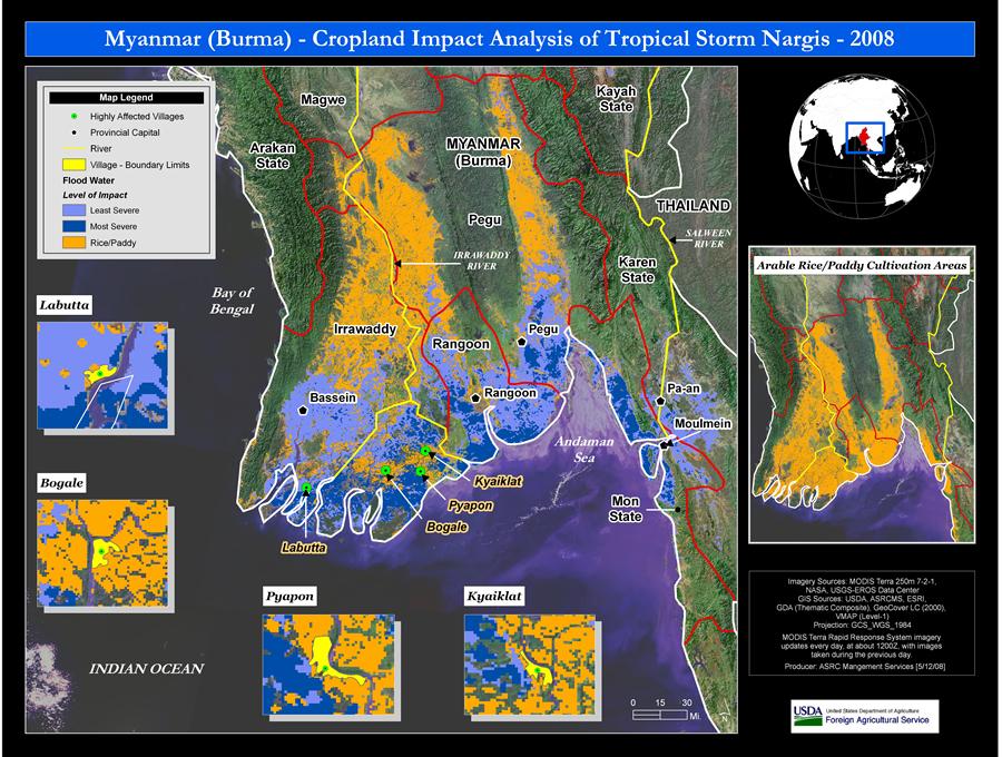 A Recent Example: Cyclone Nargis in Myanmar May 2008 Data from the MODIS and Landsat