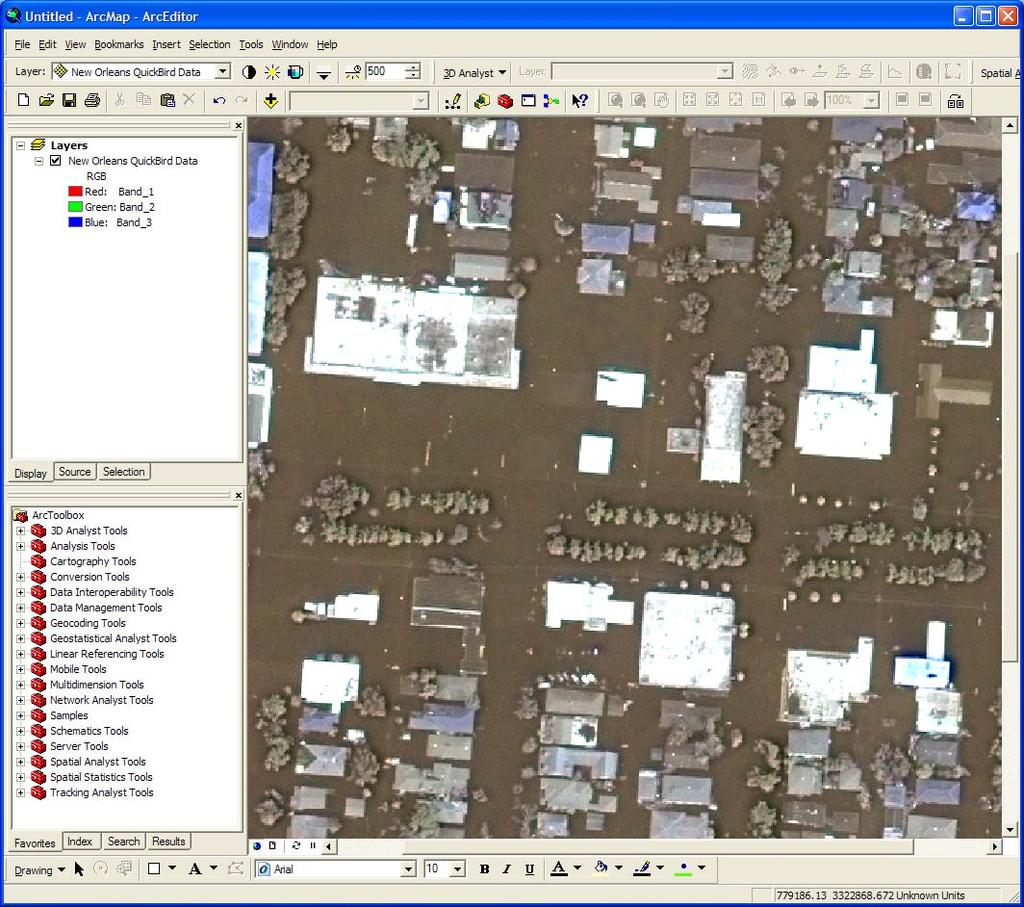 Visual (Qualitative) Analysis With ArcGIS Assessment of flooded areas: Used available LiDAR and Quickbird data Analyzed city and river