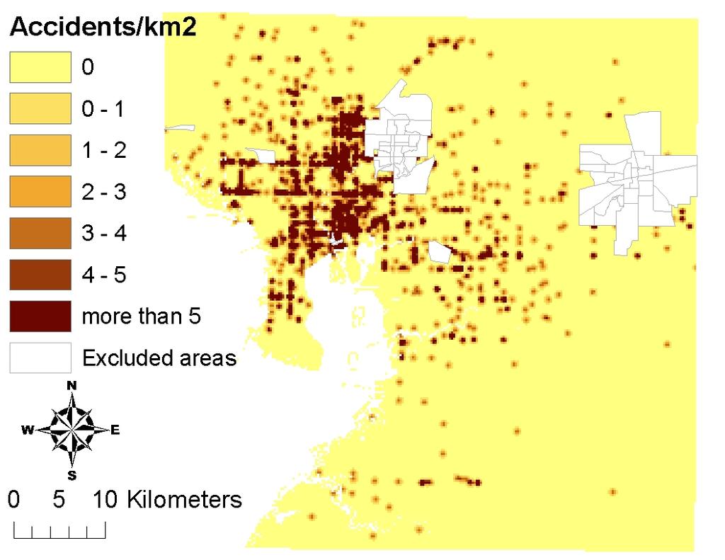 Figure 7 Accident Density Map 3.2.4. Calculate Accident Value for Census Block Groups The average value of all of the cells in each census block group was calculated using zonal statistics.
