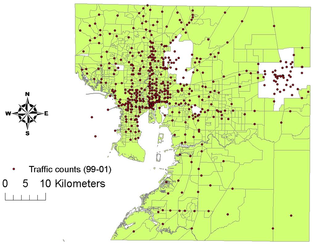 Using traffic count data from the Metropolitan Planning Organization, traffic count values were assigned to census block groups. Figure 9 shows the locations of the points where AADT was measured.