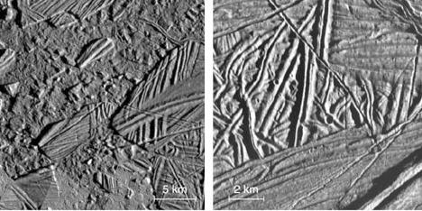 Tidal stresses crack Europa s surface ice.