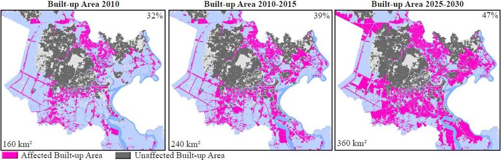 The current expanse of built-up land derived from satellite images and future urban development scenarios (built-up land) taken from the land-use plan up to the year 2010 and from the draft land use