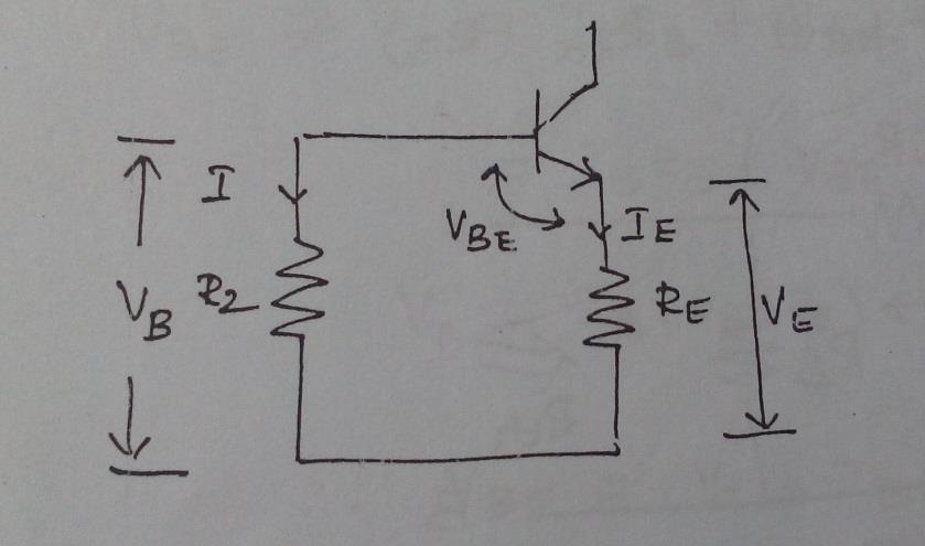 V B = V BE + V E V B = V BE + I E R E I E = V B V BE R E 1 To find V CE : Applying KVL to the collector circuit.