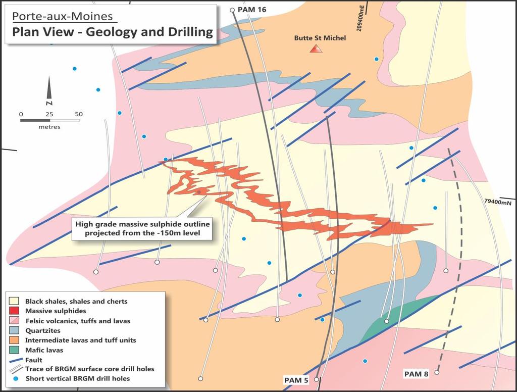 grade mineralisation as defined in previous underground development by the BRGM (see Figure 1 for projected position of the BRGM massive sulphide envelope and PAM8 drill hole trace).