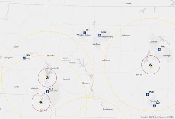 North Carolina nuclear power facilities and nearby airports WISER chemical