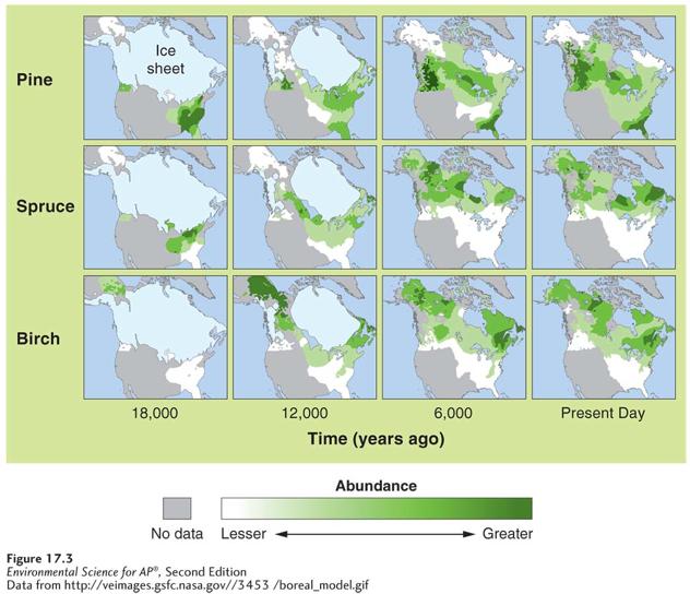 Environmental change can alter the distribution of species Changes in tree species distributions over time.