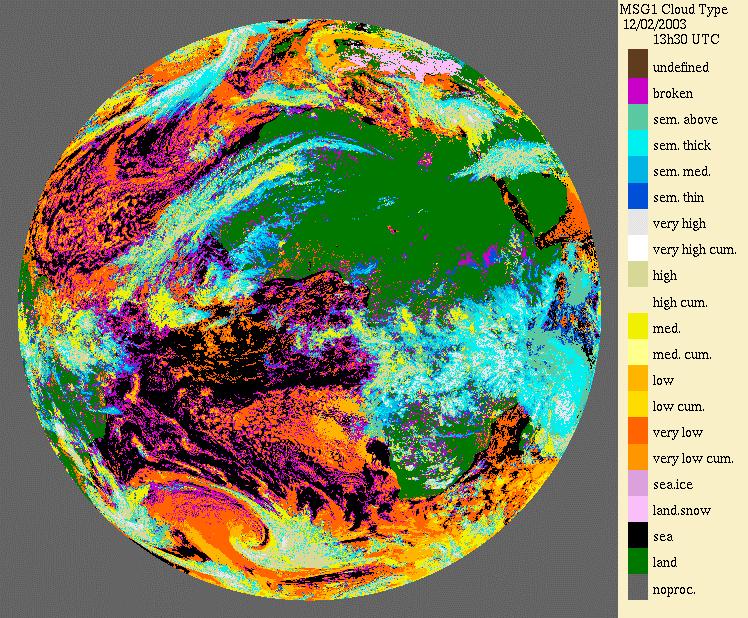 Figure 7. Cloud type extracted from the first MSG-1/SEVIRI image made available by Eumetsat: 12 February 2003 at 13h30 UTC. 5.