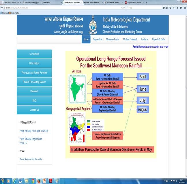 Long Range Forecast Products Available from IMD, Pune Website Based on Monsoon Mission CFS http://www.imdpune.gov.in/clim_pred_lrf_new/products.