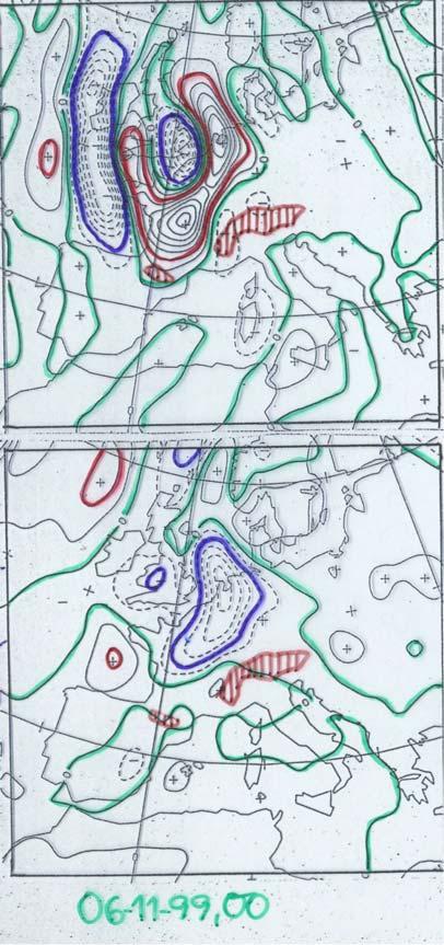 06-11-99, 00 UTC: At the beginning there is significant PVA aloft ahead of the upper low and trough with two maxima above the Netherlands and mid France, respectively.