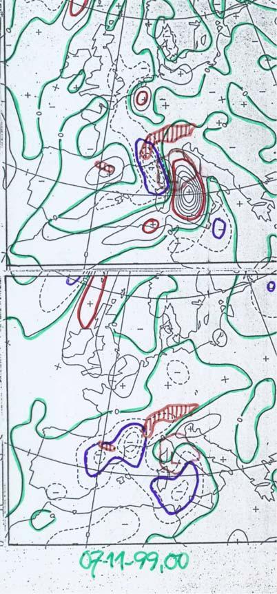 07-11-99, 00 UTC: Since meanwhile a closed low has also formed at 500 hpa lying directly above the surface low at midnight, the upper PVA works now southeast of it and contributes to the displacement