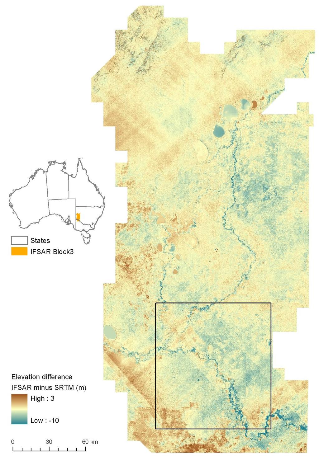 Figure 1. Elevation difference between the aggregated-ifsar DTM and reprojected-srtm DEM.