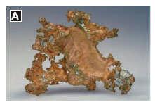 Figure 17 A The mineral copper has a metallic luster. B The brilliant luster of diamond is also known as an adamantine luster.