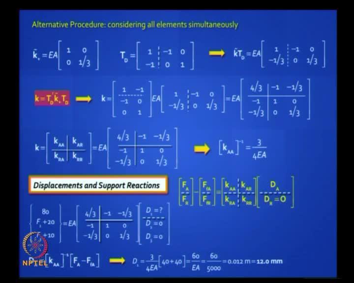 You do it for two elements. You understand each element is contributing to the structure stiffness matrix. So then, what you do? How do I get the total matrix?
