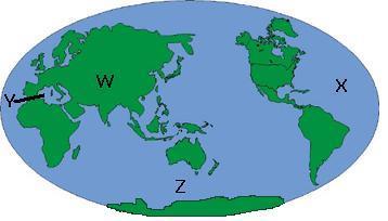 3. Look at the map below. Which letter(s) shows the location of an ocean? A. W only B. X and Z only C. Y only D.