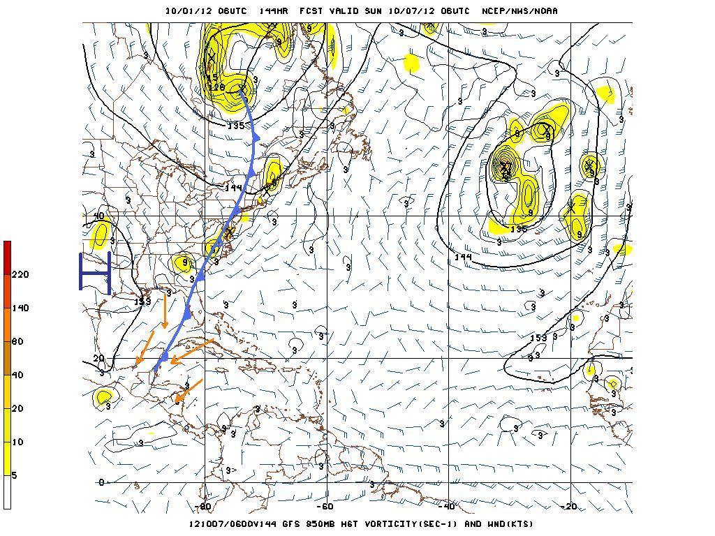Figure 5 GFS Model vorticity projection at 850 mb (5,000 ft) valid for 12:00 am Sunday, October 7, 2012 showing another cold front boundary just edging its way into the NW Caribbean and Belize.