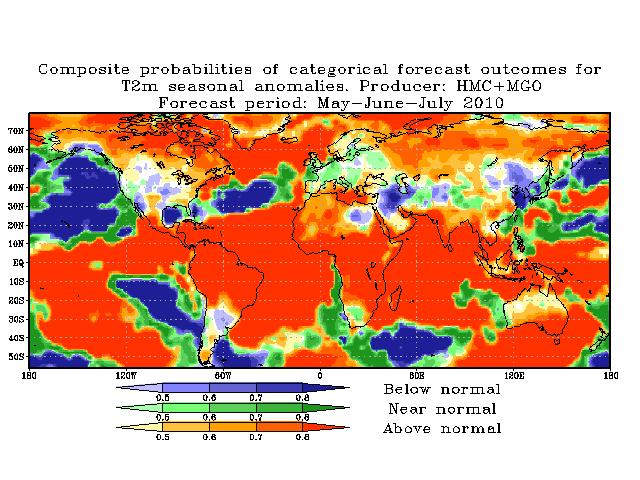 I.3.d HydromMet Centre of Russia (HMC) fig.13: Probabilistic forecasts for precipitation from HMC for May-June-July, issued in April 2010.