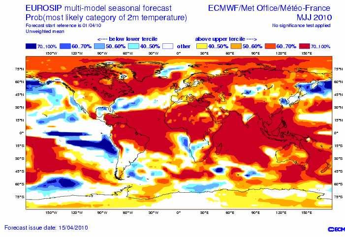 I.3.e Euro-SIP fig.14: Multi-Model Probabilistic forecasts for T2m from EuroSip for May-June-July, issued in April 2010.