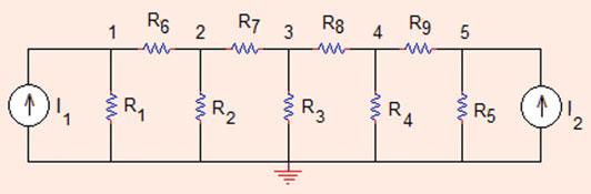 0 Analysis Methods Fig..5 The circuit for Problem..5 Problem..5 Determine currents flowing through each resistor in the circuit shown in Fig..5 (ladder_node.xlsx).