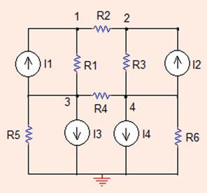 4 Analysis Methods Fig..8 The circuit for Problem..8 Problem..8 Find the node voltage values in the circuit shown in Fig..8. All resistors are Ω and I =4A,I =A,I 3 =A,I 4 = 4 A (Sim_Lin_Eq_Solve.