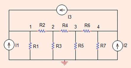 6 Analysis Methods Fig..30 The circuit for Problem..30 Problem..30 Find the node voltage values in the circuit shown in Fig..30. R =R6 =R7 =X, R =R3 =R5 =X, R4 =4X, I =A, I =A, I3 = 3 A (Sim_Lin_Eq_Solve.