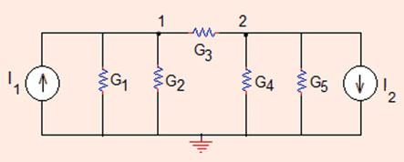 . Nodal Analysis 89 Nodal matrix equation of the circuit is obtained by applying analysis by inspection method, G þ G þ G 3 G 3 G 3 G 3 þ G 4 þ G 5 V V ¼ I I 6 8 V V!