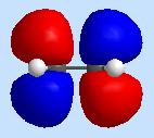 Note: You may need to rotate the molecule to view the orbitals. 3. To view the LUMO, go to Surfaces>Select Molecular Orbital and Select LUMO (N=7). The pi antibonding orbital surface appears.