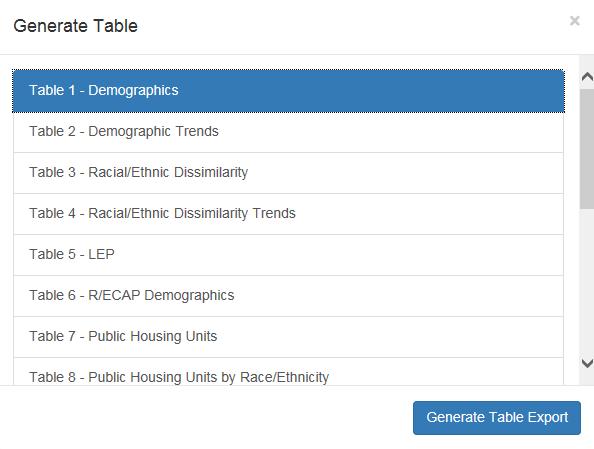 3.1.2 Generate Table The Generate Table pop-up allows user to access to picks amongst 15 different tables and export the results to an Excel file.