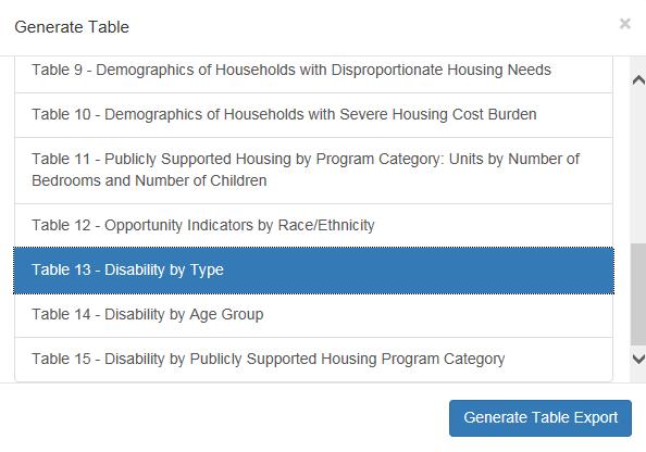 Follow instructions in section 3.1.2 for opening or saving the generated Excel file. 3.1.15 Table 13 Disability by Type To access information regarding Disability by Type, click the Table 13 Disability by Type button located in the Generate Table pop-up.