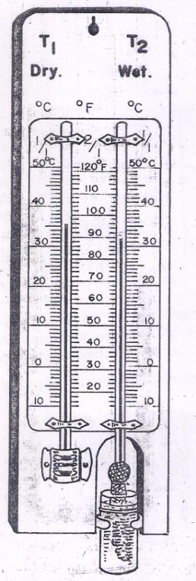 BA/BSC GE-103 7.3.2.1 Wet and Dry-Bulb Thermometer It is a simple instrument. It was devised by Manson, so it is also named as Manson s Hygrometer. It has two thermometers.