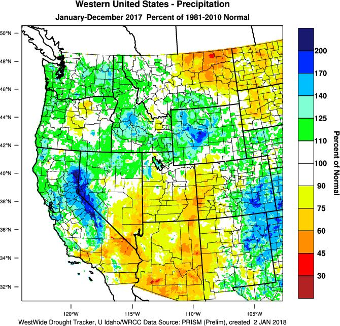 drier than normal. With the end of the year, the final 2017 temperature pattern for the western US shows a mostly warmer than average to near average year (Figure 2).