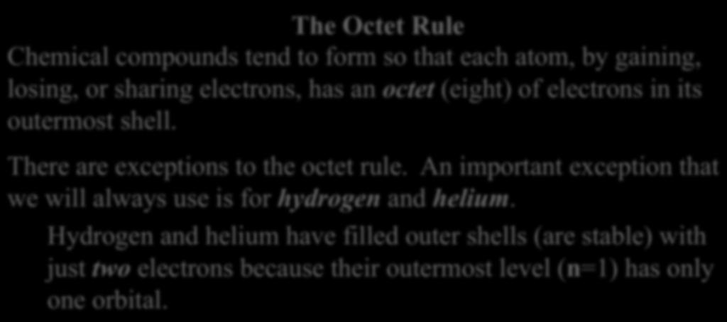 The Octet Rule Chemical compounds tend to form so that each atom, by gaining, losing, or sharing electrons, has an octet (eight) of electrons in its outermost shell.