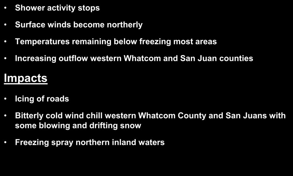 This evening Shower activity stops Surface winds become northerly Temperatures remaining below freezing most areas Increasing outflow western Whatcom and San Juan
