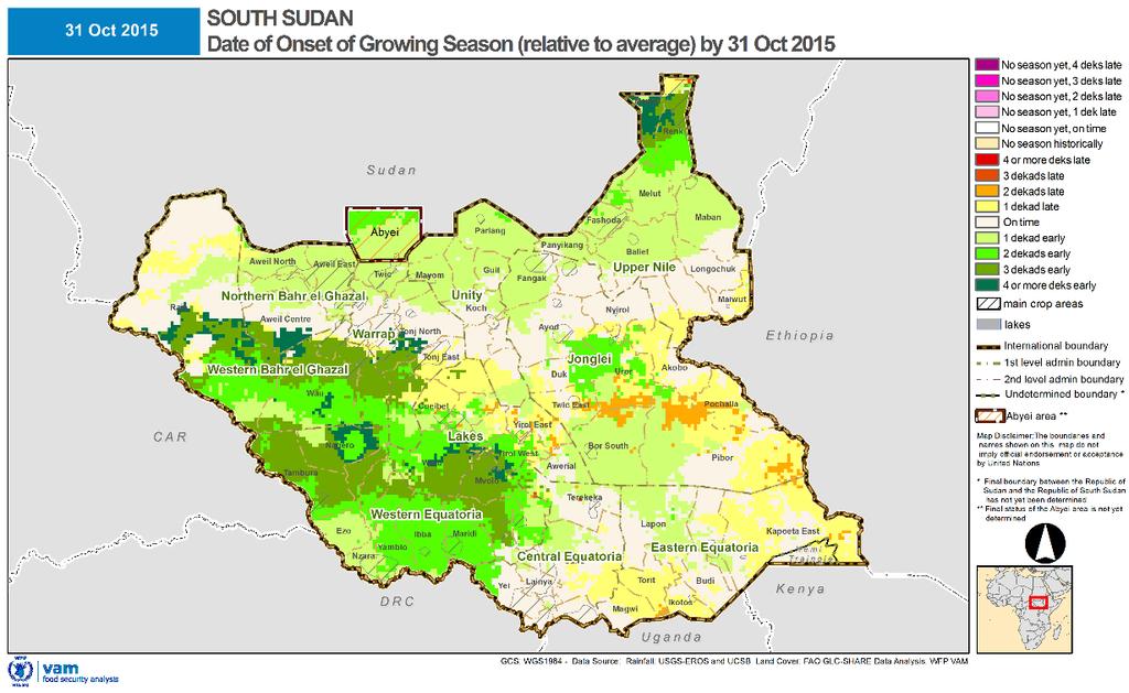 SOUTH SUDAN SEASONAL ANALYSIS - 2015 Onset of Season Date of onset of the growing season compared to average.