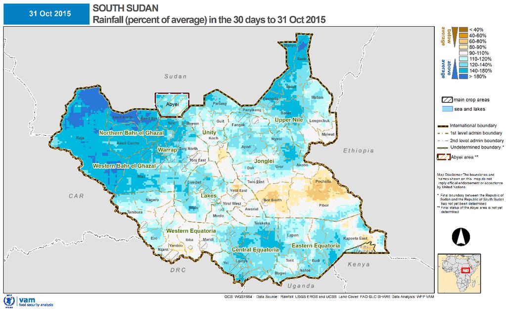 SOUTH SUDAN SEASONAL ANALYSIS - 2015 Seasonal Rainfall Performance and Vegetation Status 30 days cumulative rainfall until 31 of Ocober 2015, as a percentage of the 20-year average.