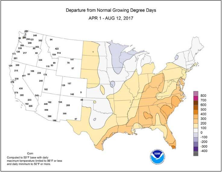 Departure from Normal Growing Degree Days April 1-August 12, 2017 Computed for corn using a