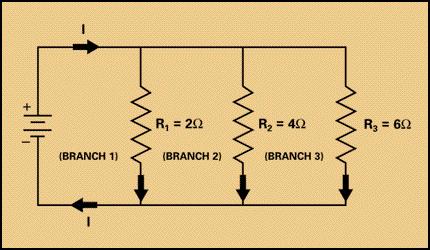Figure 16. Resistors with Unequal Value To determine current, you need to find the total current, which is the sum of all currents in all the branches.